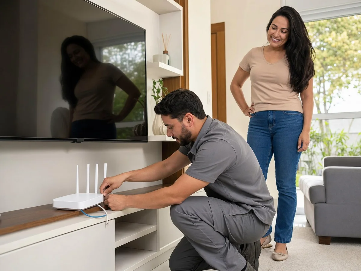 Técnico da Ivex instalando o roteador Wi-Fi na casa do cliente